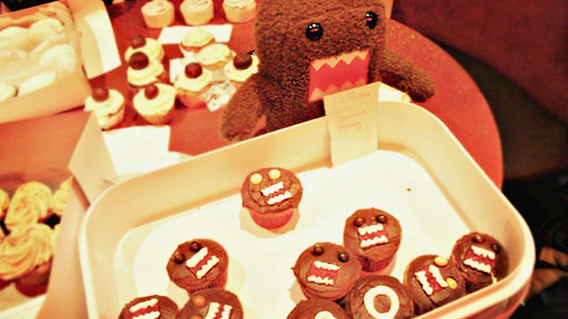 Domo cupcakes, faces, domo, cupcakes, a pan, HD wallpaper