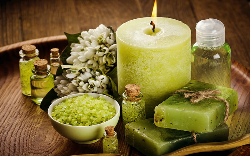 spa accessories, lilies of the valley, green candle, green spa salt, beauty salons, spa concepts, wellness, HD wallpaper