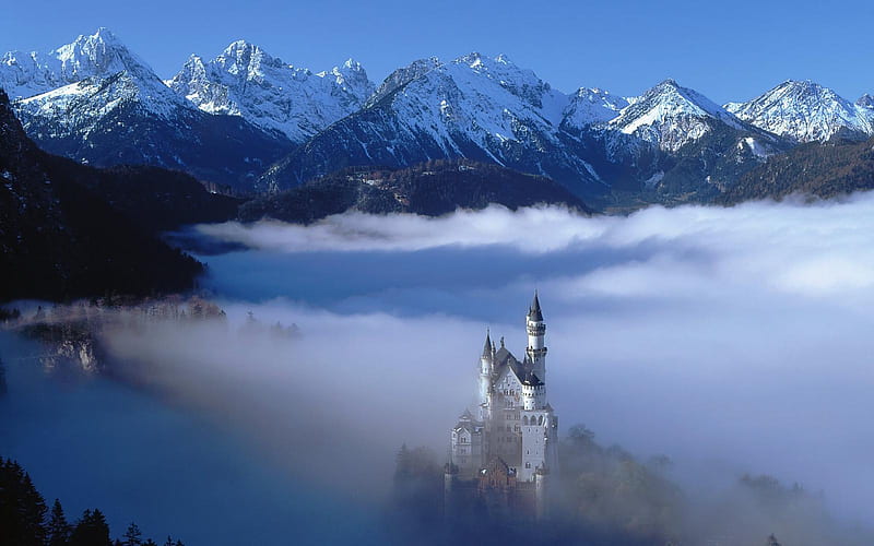 Piercing through, rugged, high, peaks, clouds, castle, mist, HD wallpaper