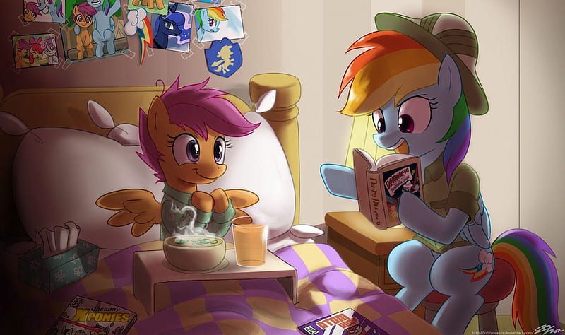 Reading Daring Do, My Little Pony, Friendship is Magic, Rainbow Dash, Daring Do, Scootaloo, HD wallpaper