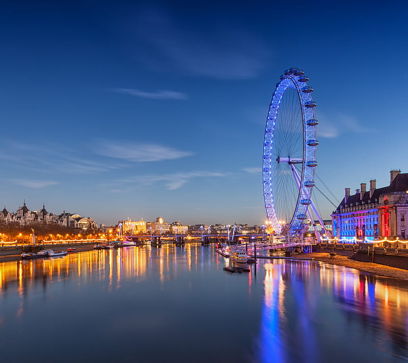 Ferris Wheel, england, lights, london, london eye, river, HD wallpaper