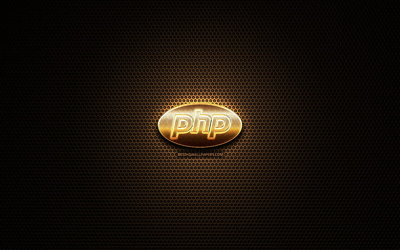 PHP glitter logo, programming language, grid metal background, PHP, creative, programming language signs, PHP logo, HD wallpaper