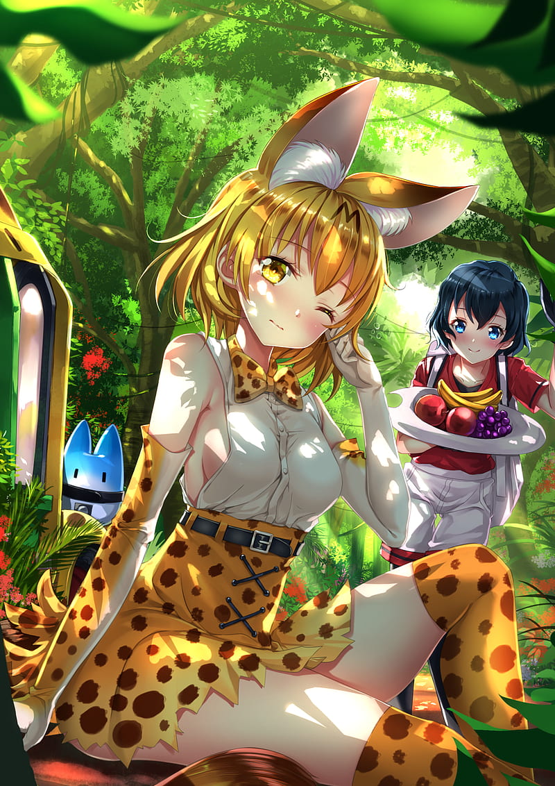 animal ears, Kaban (Kemono Friends), Kemono Friends, serval, Swordsouls, tail, thigh-highs, HD phone wallpaper