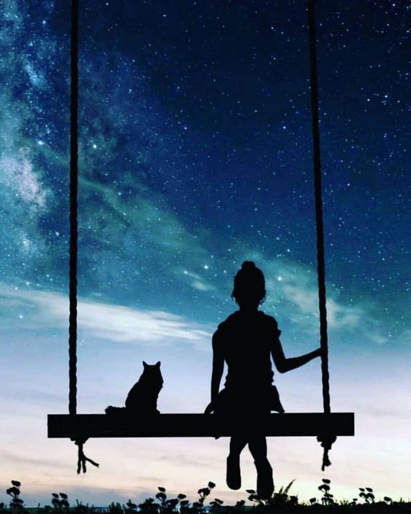 Girl on swing , fantasy, sky, night, silhouette, cat, swing, space, starry, HD phone wallpaper