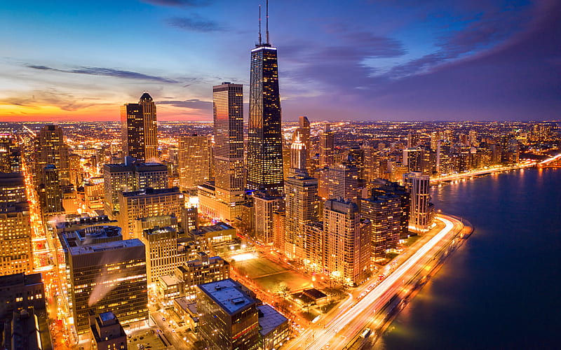 Chicago, Lake Michigan, Willis Tower, Aon Center, evening, sunset ...