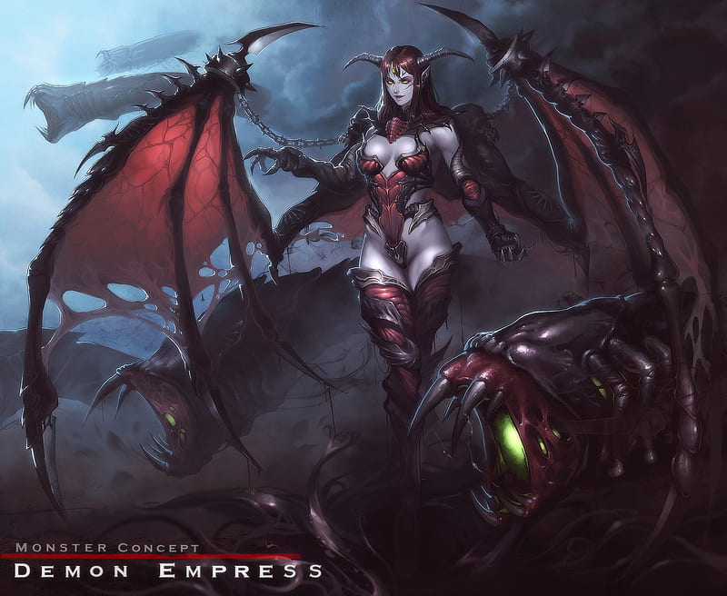 Demon Empress, bat wings, dark elf, video game, queen, evil, woman, female, elf, sexy, demon, cool, warrior, dark, empress, monster, lady, underboob, HD wallpaper