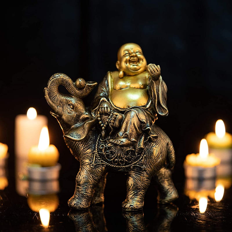 Laughing Buddha Statue, Laughing Buddha on Elephant Sculpture Figurine ...