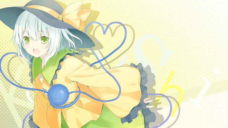 ~I'm Komeiji Koishi~, colorful, yellow blouse, anime, komeiji koishi, green eyes, touhou, green skirt, hat, HD wallpaper