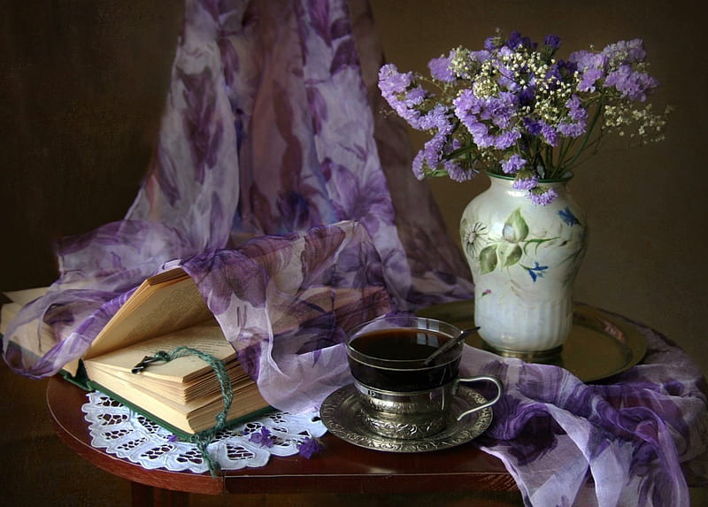 Time to Relax, table, doily, spoon, book, vase, still life, coffee, purple, tray, cup, flowers, HD wallpaper