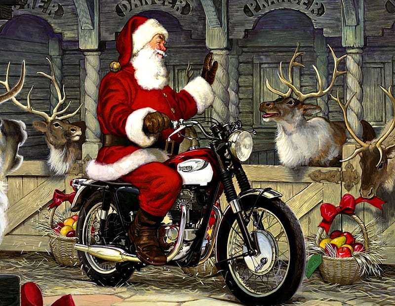 Santa Riding a Motorcycle, ridingd, claus, red, santa, funny, white, motorcycle, HD wallpaper