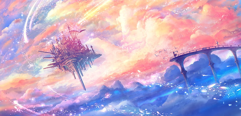 anime landscape, floating castle, beyond the clouds, bridge, Anime, HD wallpaper