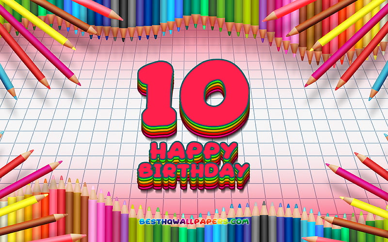 Happy 10th birtay, colorful pencils frame, Birtay Party, purple checkered background, Happy 10 Years Birtay, creative, 10th Birtay, Birtay concept, 10th Birtay Party, HD wallpaper