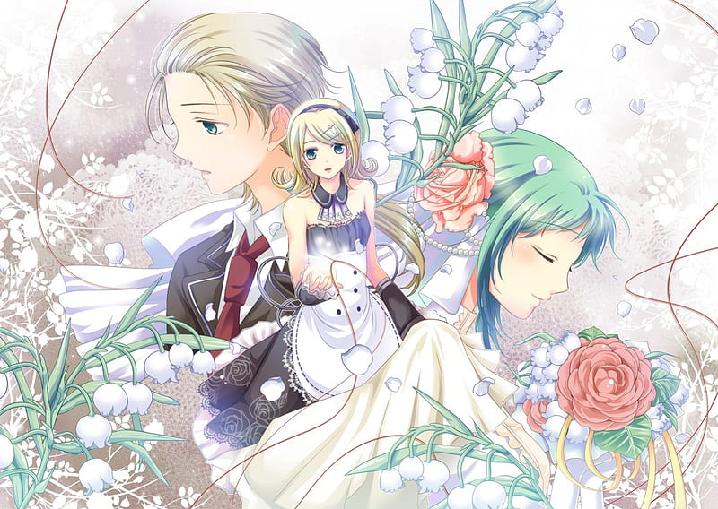 ~Enchanted Romance~, vocaloid, lily of the valley, hatsune miku, romance, bride, bonito, roses, wedding, len and rin kagamine, anime, flowers, HD wallpaper