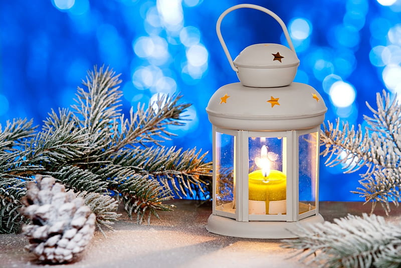 White Christmas, table, candle, lantern, pine, snow, pine cone, light, HD wallpaper