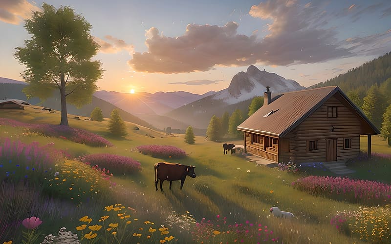 Sunset over Meadow, sunset, haouse, cow, AI art, meadow, mountains, HD wallpaper