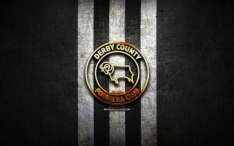 Derby County FC, golden logo, EFL Championship, black metal background, football, FC Derby County, english football club, Derby County FC logo, soccer, England, HD wallpaper