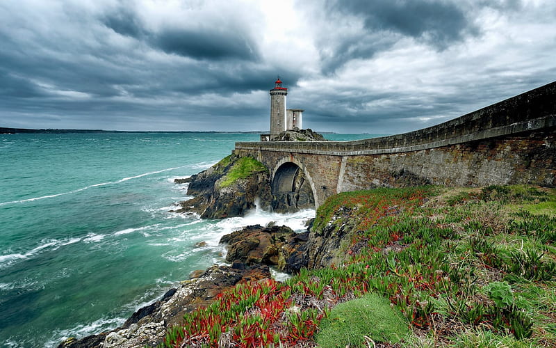 Lighthouse, sea, coast, rocks, France, Brittany, Finistere, HD wallpaper