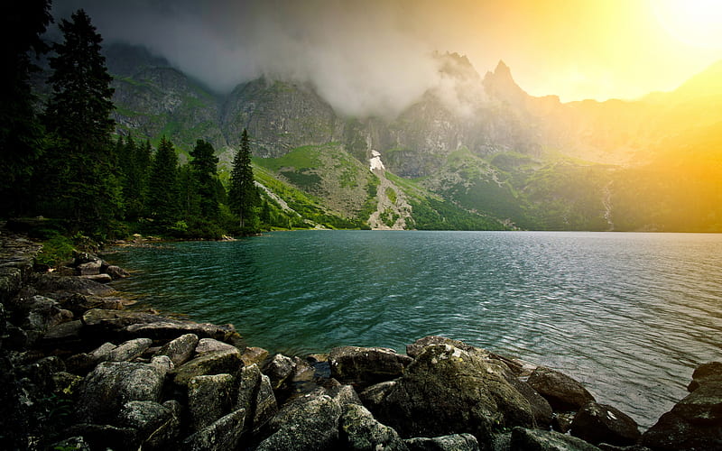 mountain lake, fog, mountain slopes, forest, glacier, mountain landscape, HD wallpaper