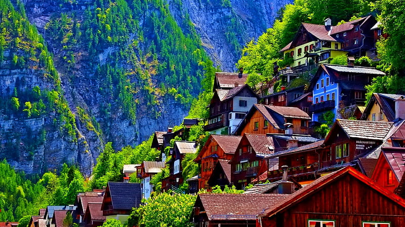 Hallstatt - an icon of Mountain Austria, mountain, hallstatt, houses, slope, nature, HD wallpaper