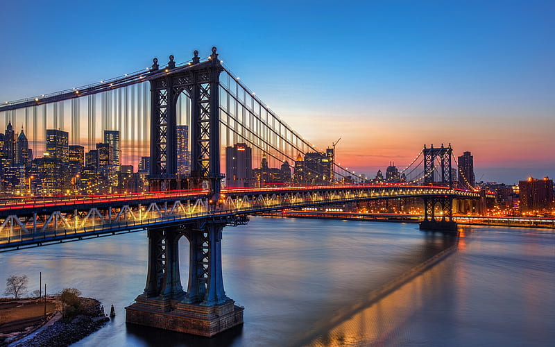 Manhattan Bridge, evening, bridge, USA, New York, America, NYC, HD wallpaper
