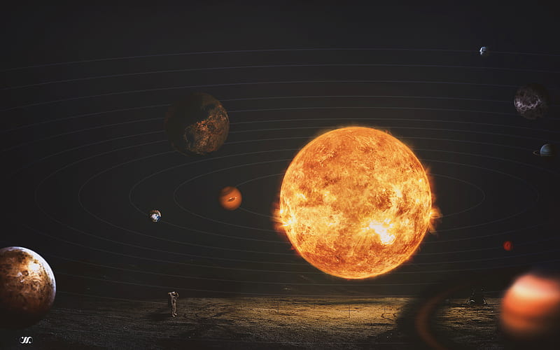 sun, galaxy, planets, astronaut, solar system, HD wallpaper