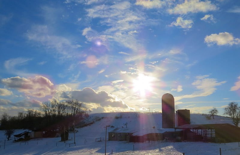 Winter Sunset on the Farm, sun, silo, sunset, country, sky, clouds, farm, snow, nature, field, HD wallpaper