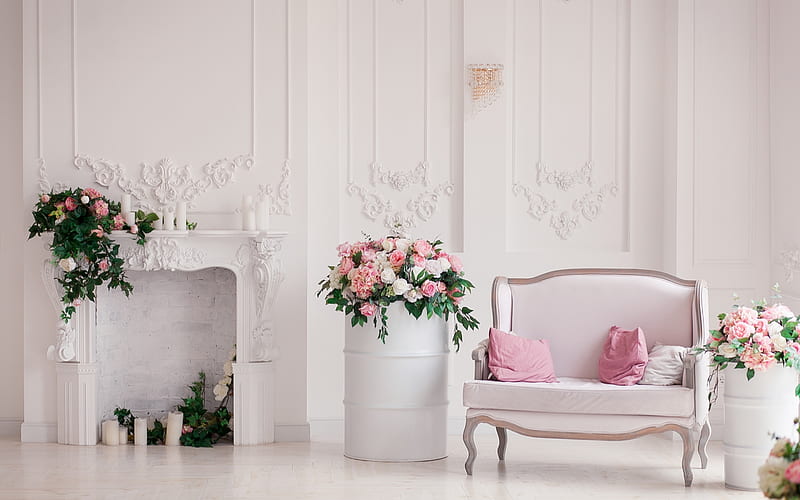 :), room, sofa, divan, flower, pink, white, HD wallpaper