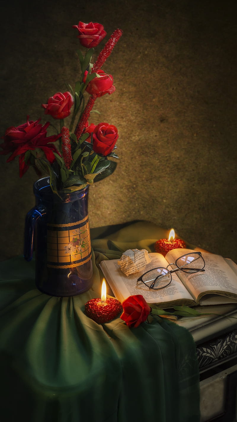 Roses in vase, book, candels, flowers, love, red, table, HD phone wallpaper