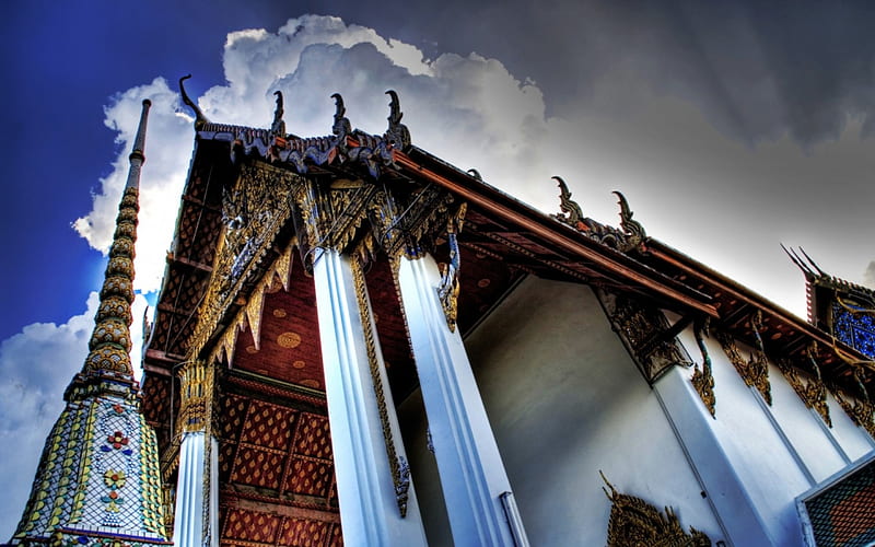 ornate temple r, tower, temple, r, ornate, low angle, clouds, HD wallpaper