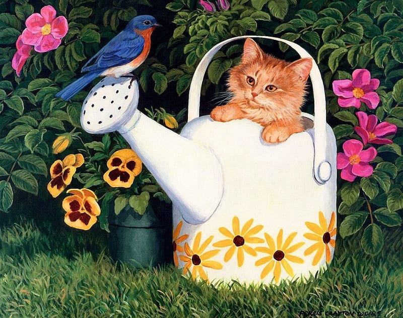 Garden Helper, watering can, painting, flowers, blossoms, spring, kitten, artwork, HD wallpaper