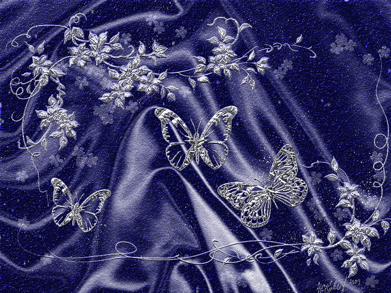 Silver butterflies, leaves, material, craft, lace, butterflies, silver, dark blue, HD wallpaper