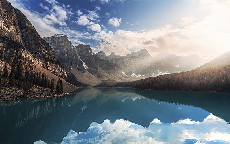 Moraine Lake before sunset, mountains, alberta, canada, clouds, sky, reflections, HD wallpaper