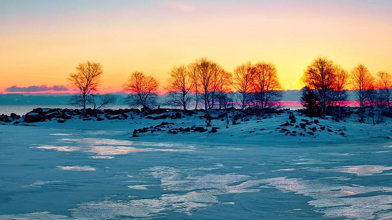 Good Morning Sunrise on Lake Superior, winter, snow, colors, trees, sky, michigan, water, usa, HD wallpaper