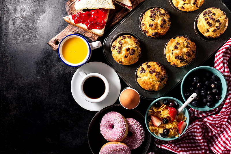 Food, Breakfast, Coffee, Cupcake, Doughnut, Muffin, Still Life, Sweets, HD wallpaper
