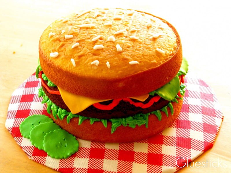 Hamburger on Bun Cake, cake, shaped, bun, frosting, hamburger, abstract, dessert, tomatoes, bakery, cheese, HD wallpaper