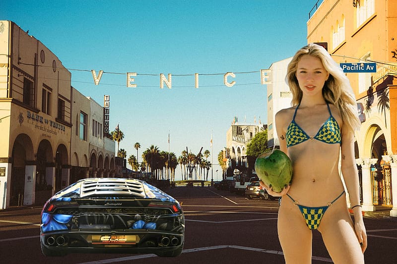 Fefe of bikini holding the coconut and a Lamborghini Huracan in Venice Beach, Fernanda Schneider, Super Sexy, Fefe, Bikini, Coconut, Lamborghini Huracan, Blonde Girl, Venice Beach, HD wallpaper