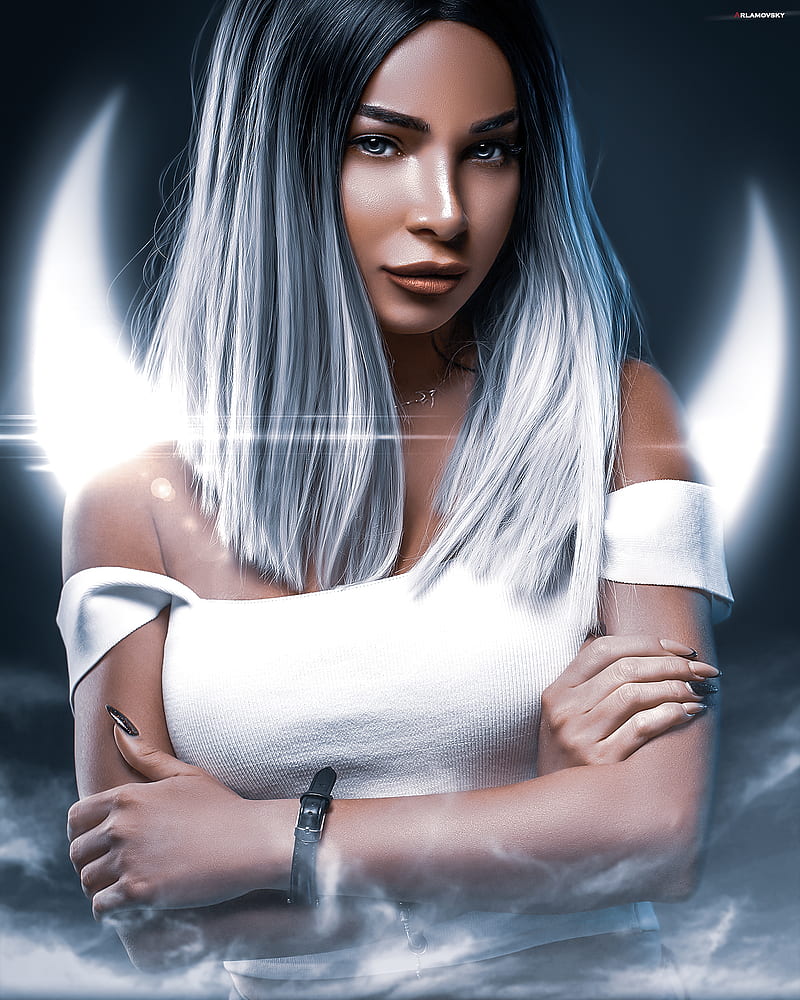 arlamovsky, moon rays, light effects, gray eyes, retouching, hair , smoke, lips, white t-shirt, nails, digital, women, mystic eyes, CGI, looking at viewer, makeup, lipstick, dyed hair, painted nails, arms crossed, HD phone wallpaper