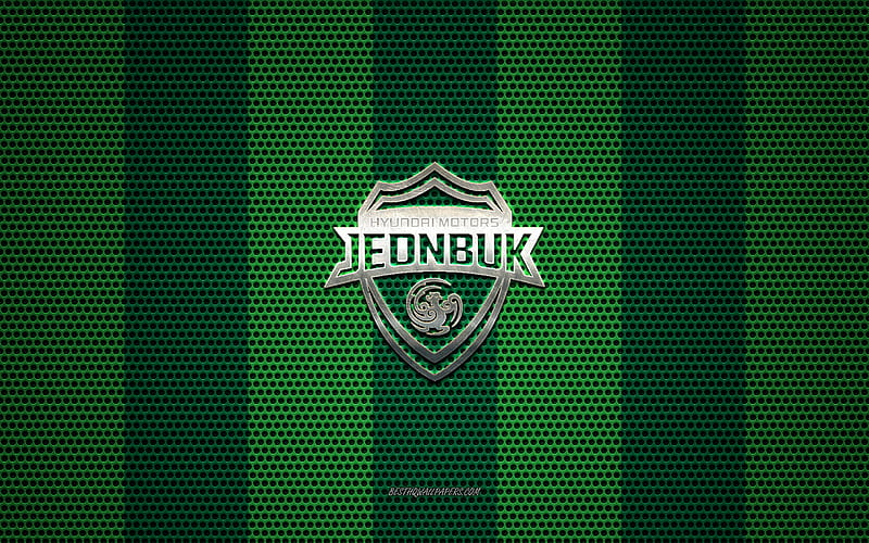 Jeonbuk Hyundai Motors logo, South Korean football club, metal emblem, green metal mesh background, Jeonbuk Hyundai Motors, K League 1, Jeonju, South Korea, football, HD wallpaper