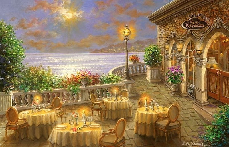 Romantic Dining Invitation, dinner, tables, restaurants, romantic, love four seasons, attractions in dreams, sea, candles, paintings, sunsets, chairs, seaside, nature, HD wallpaper