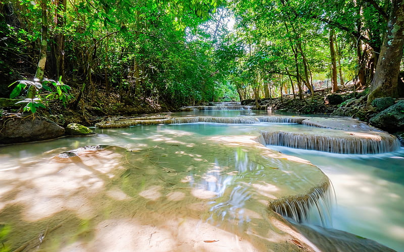 Erawan National Park, jungle, waterfalls, river, summer, Thailand, HD wallpaper