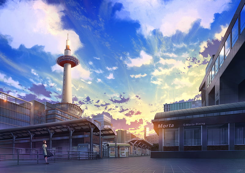 anime urban, buildings, anime girl, clouds, sky, architecture, Anime, HD wallpaper
