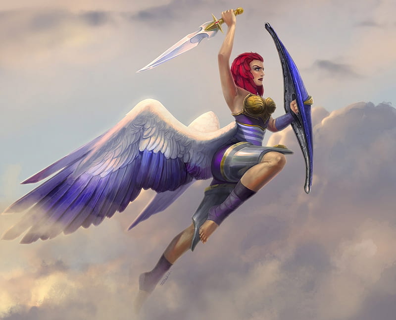 Warrior Angel, warrior, angel, blue wings, flying, red hair, sword, HD ...