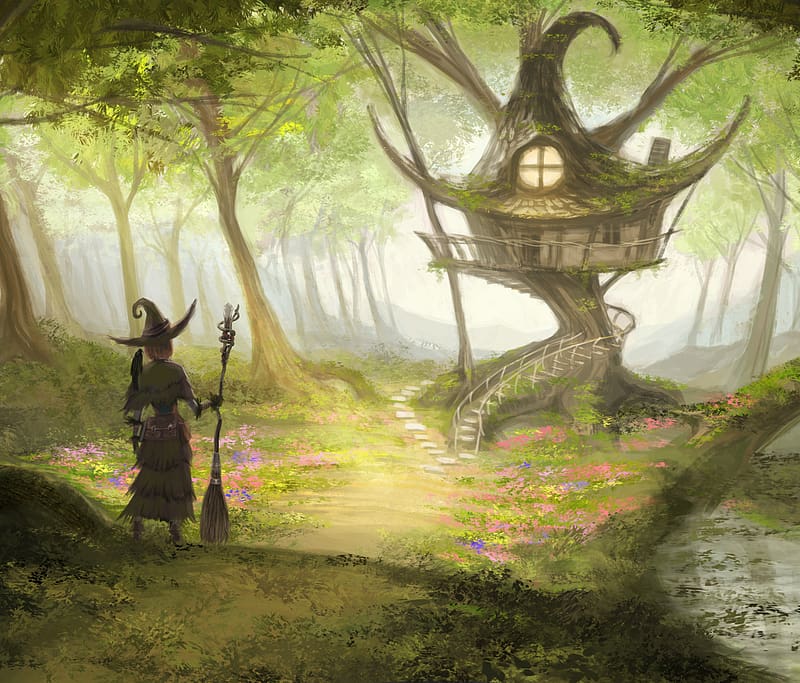 Fantasy, Forest, Witch, Broom, Witch Hat, Tree House, HD wallpaper | Peakpx