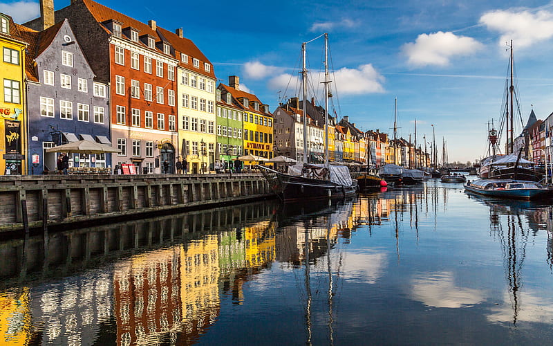 Copenhagen Denmark, colorful houses, embankment, old ship, HD wallpaper