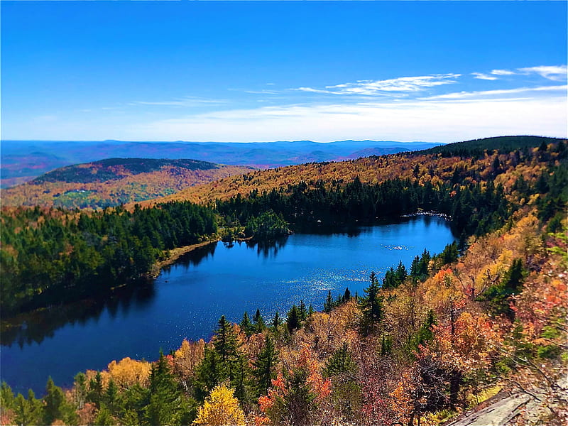 Solitude Lake from the White Ledges, Mount Sunapee, New Hampshire, water, trees, reflections, fall, colors, sky, HD wallpaper