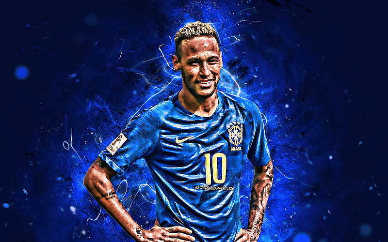 Neymar, blue background, football stars, Brazil National Team, blue uniform, Neymar JR, soccer, joy, creative, neon lights, Brazilian football team, HD wallpaper