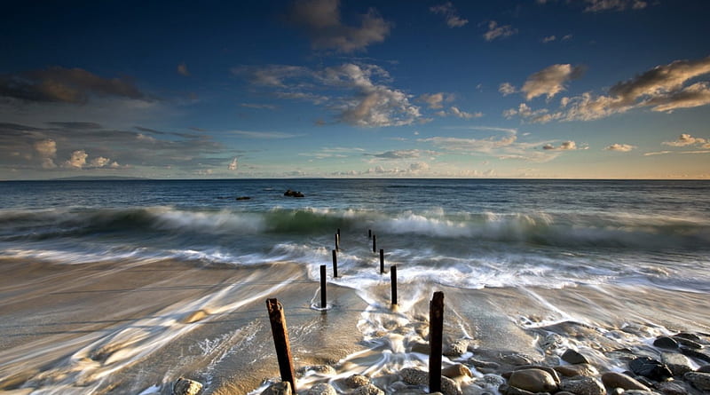 waves on beach with wooden posts, beach, waves, posts, wood, sea, HD wallpaper
