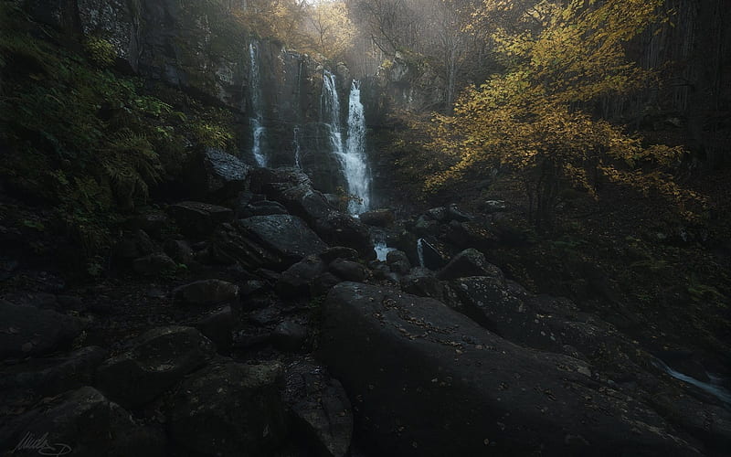 autumn, waterfall, stone, wood, beautiful waterfall, HD wallpaper