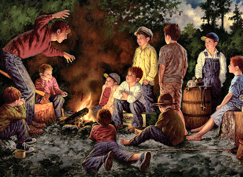 The Storyteller F, art, camping, campfire, bonito, illustration, artwork, boys, painting, wide screen, HD wallpaper