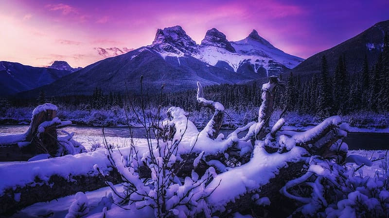 Three Sisters, Alberta, winter, canada, landscape, snow, sky, rocks, HD wallpaper